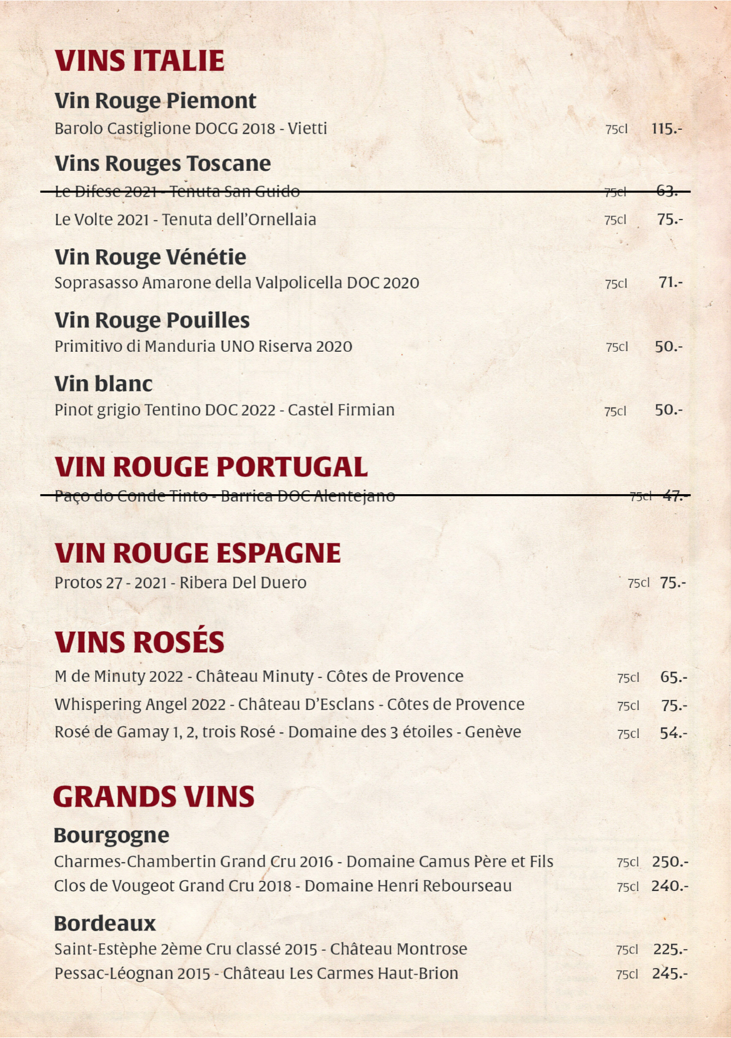 Carte des vins et Rosé Portugal Espagne Italie