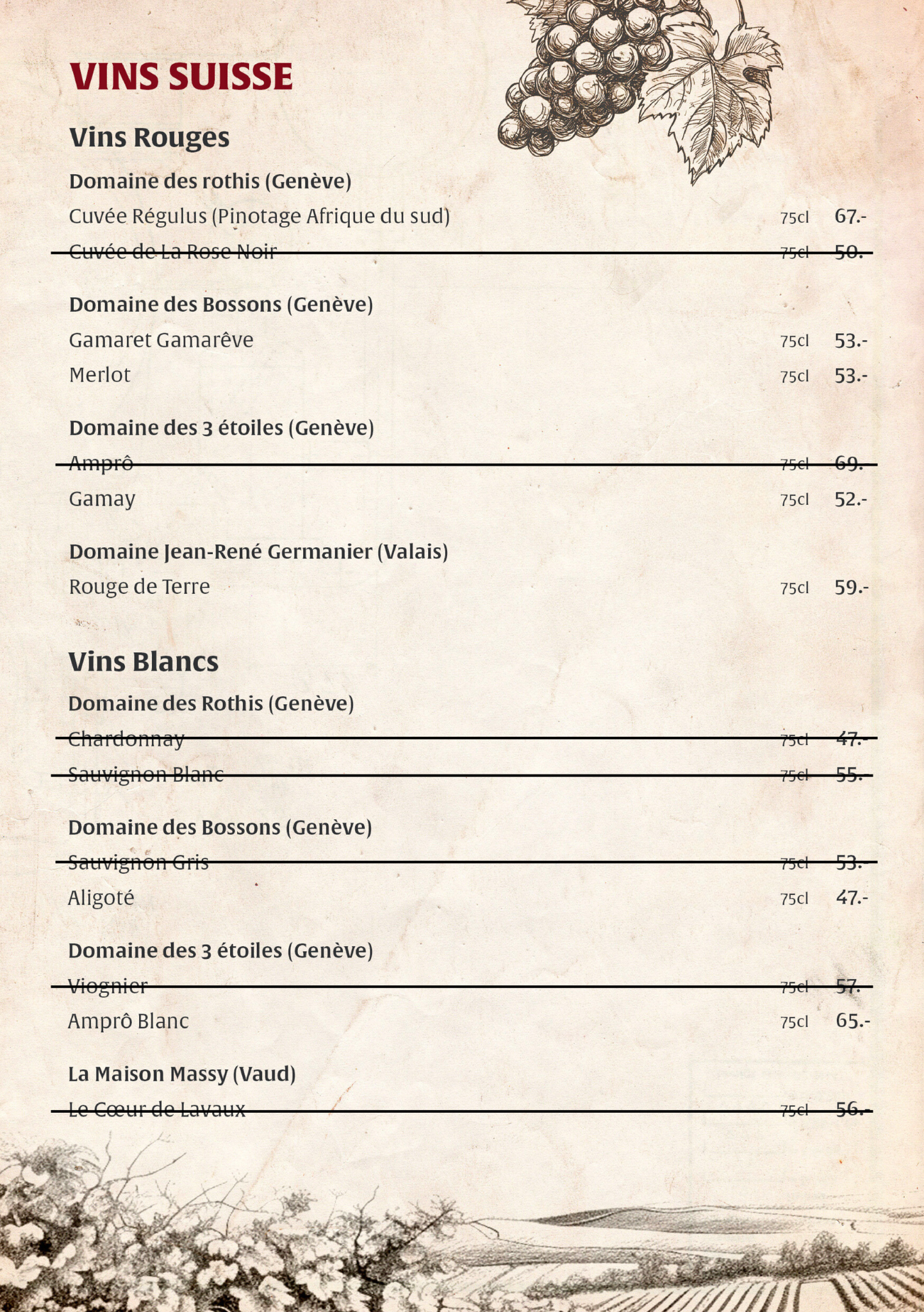 Carte des vins Suisses