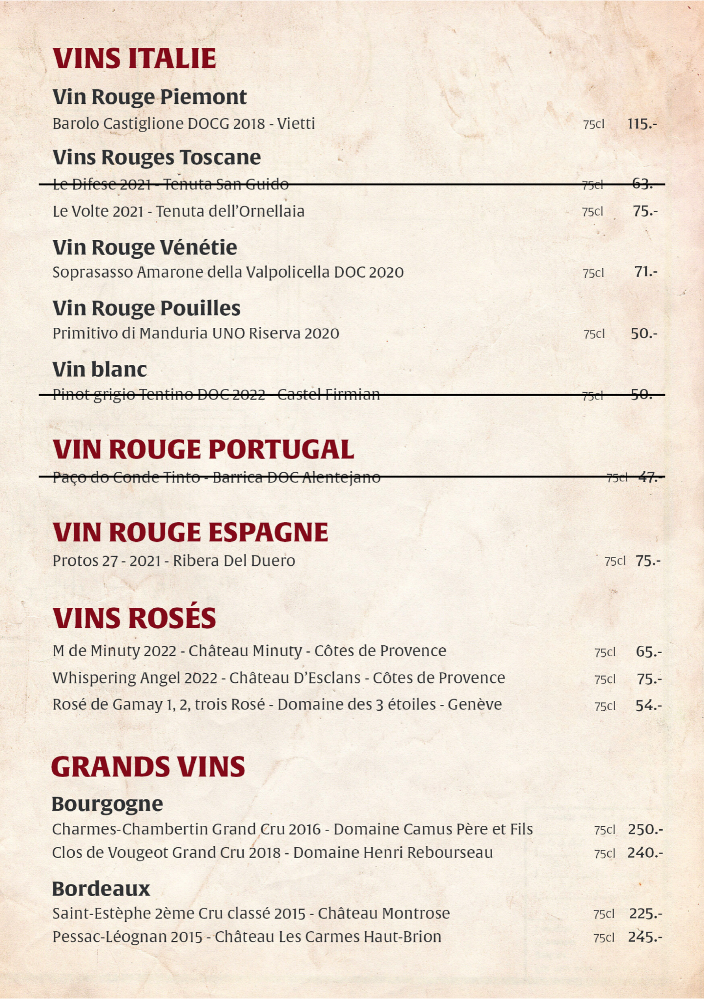 Carte des vins et Rosé Portugal Espagne Italie